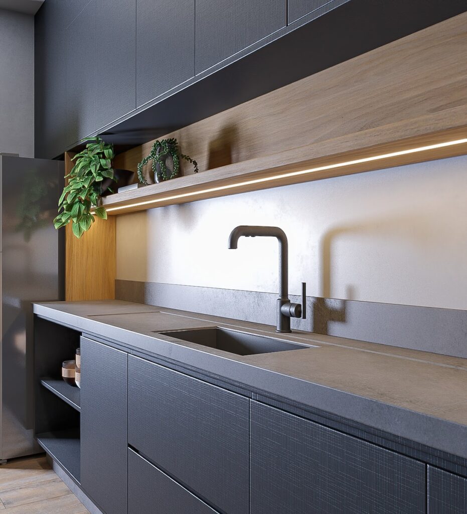 a kitchen with a plant on the counter